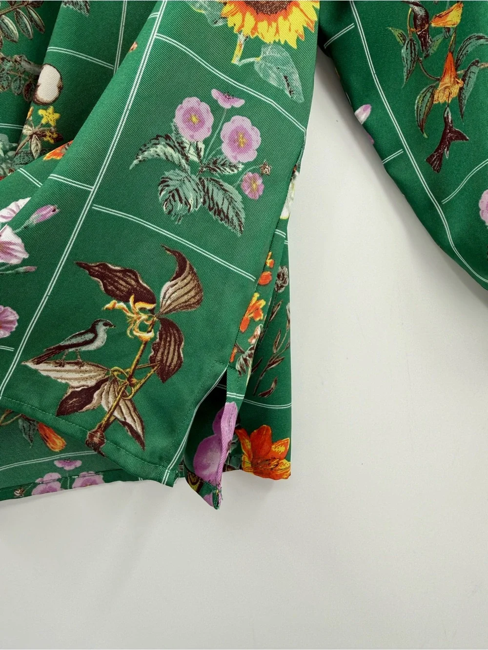 Loft Emerald Botanical Nature Fall Sunflower Insect Puff Sleeve Satin Blouse XS